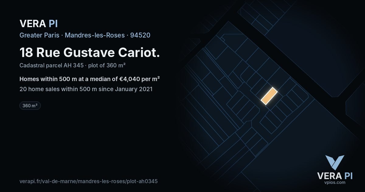 18 Rue Gustave Cariot, Mandres-les-Roses at night – the plot lit, the parcels around coloured by the prices near them