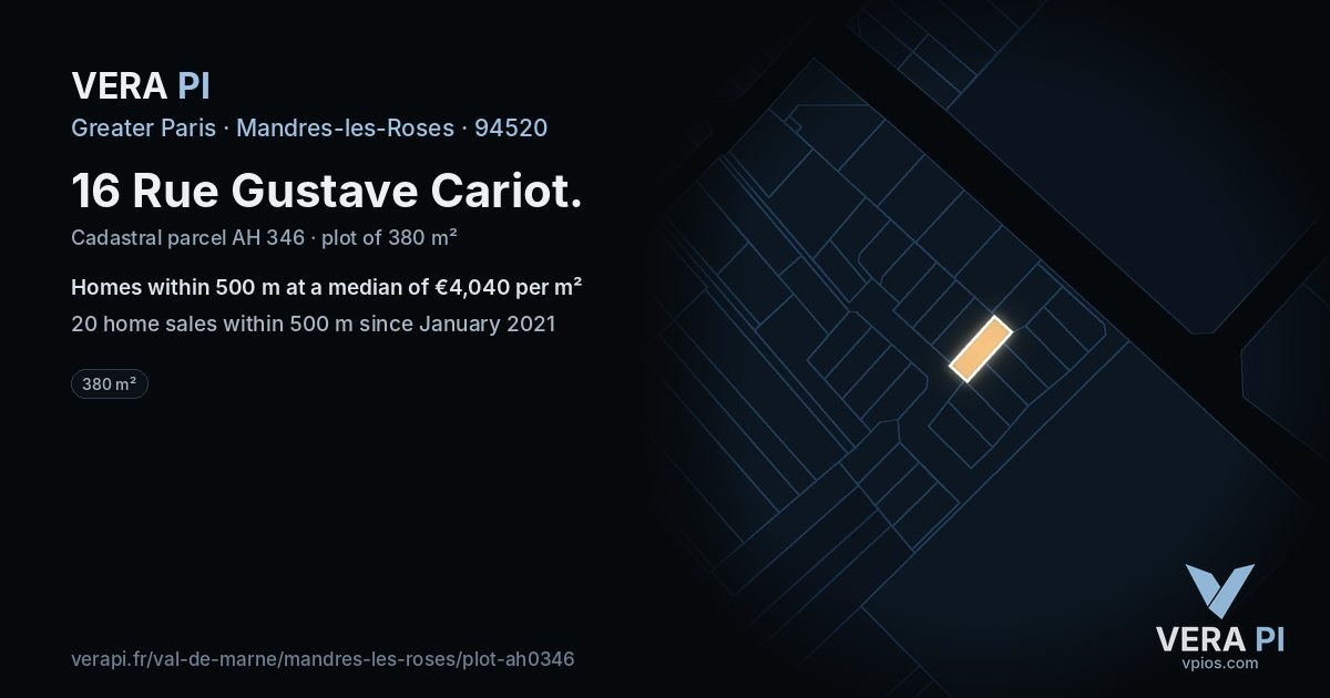 16 Rue Gustave Cariot, Mandres-les-Roses at night – the plot lit, the parcels around coloured by the prices near them