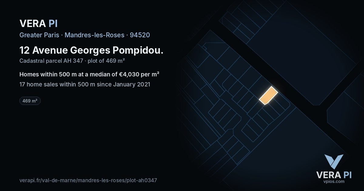 12 Avenue Georges Pompidou, Mandres-les-Roses at night – the plot lit, the parcels around coloured by the prices near them