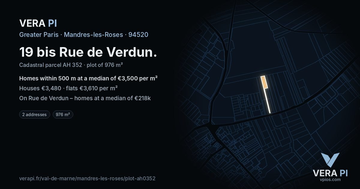 19 bis Rue de Verdun, Mandres-les-Roses at night – the plot lit, the parcels around coloured by the prices near them