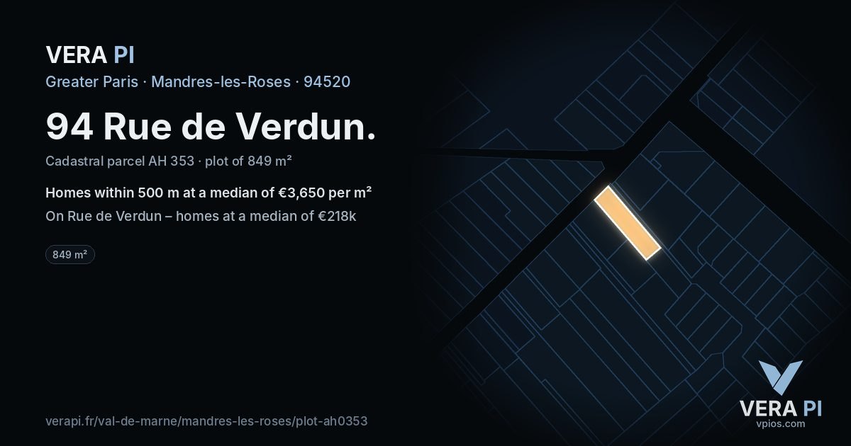 94 Rue de Verdun, Mandres-les-Roses at night – the plot lit, the parcels around coloured by the prices near them