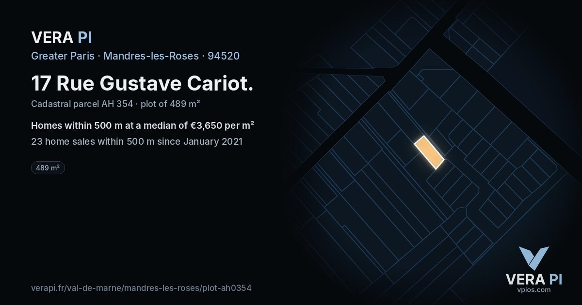 17 Rue Gustave Cariot, Mandres-les-Roses at night – the plot lit, the parcels around coloured by the prices near them