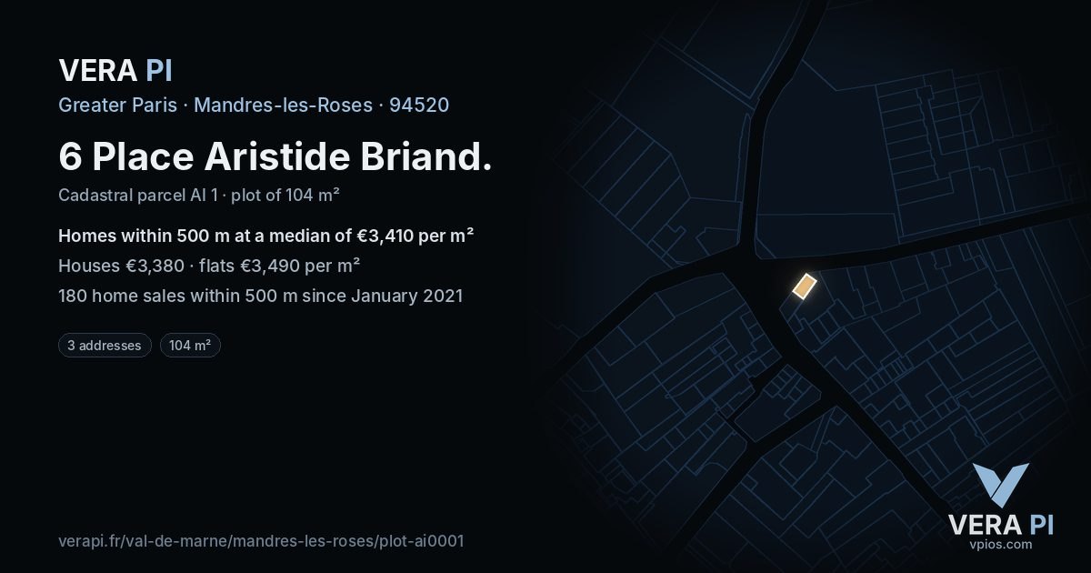6 Place Aristide Briand, Mandres-les-Roses at night – the plot lit, the parcels around coloured by the prices near them