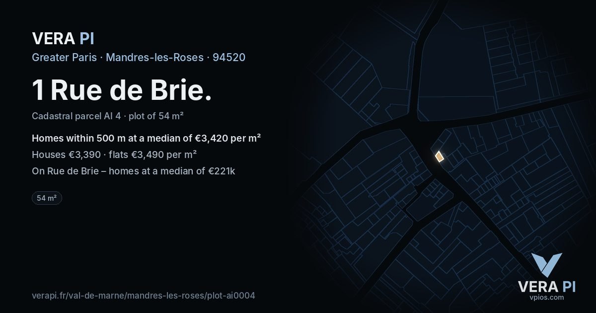 1 Rue de Brie, Mandres-les-Roses at night – the plot lit, the parcels around coloured by the prices near them