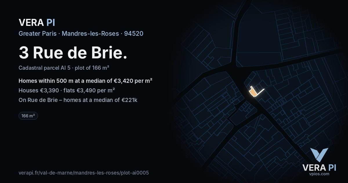 3 Rue de Brie, Mandres-les-Roses at night – the plot lit, the parcels around coloured by the prices near them