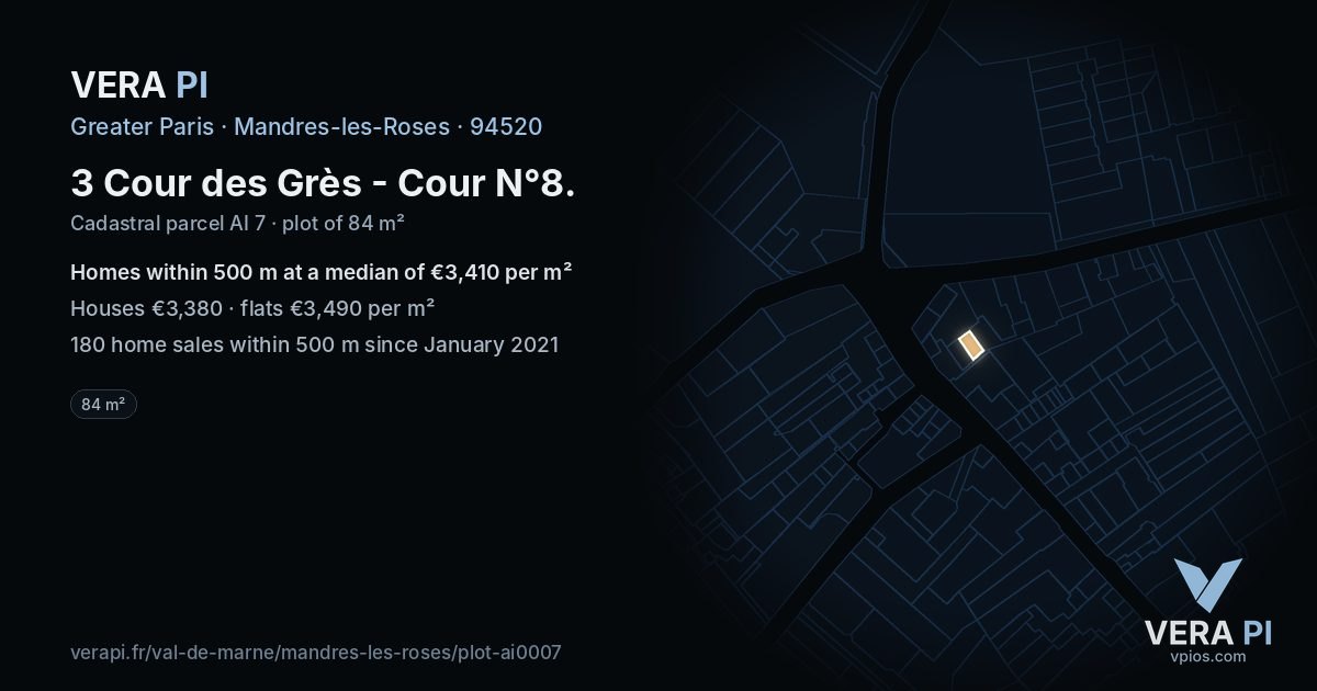 3 Cour des Grès - Cour N°8, Mandres-les-Roses at night – the plot lit, the parcels around coloured by the prices near them