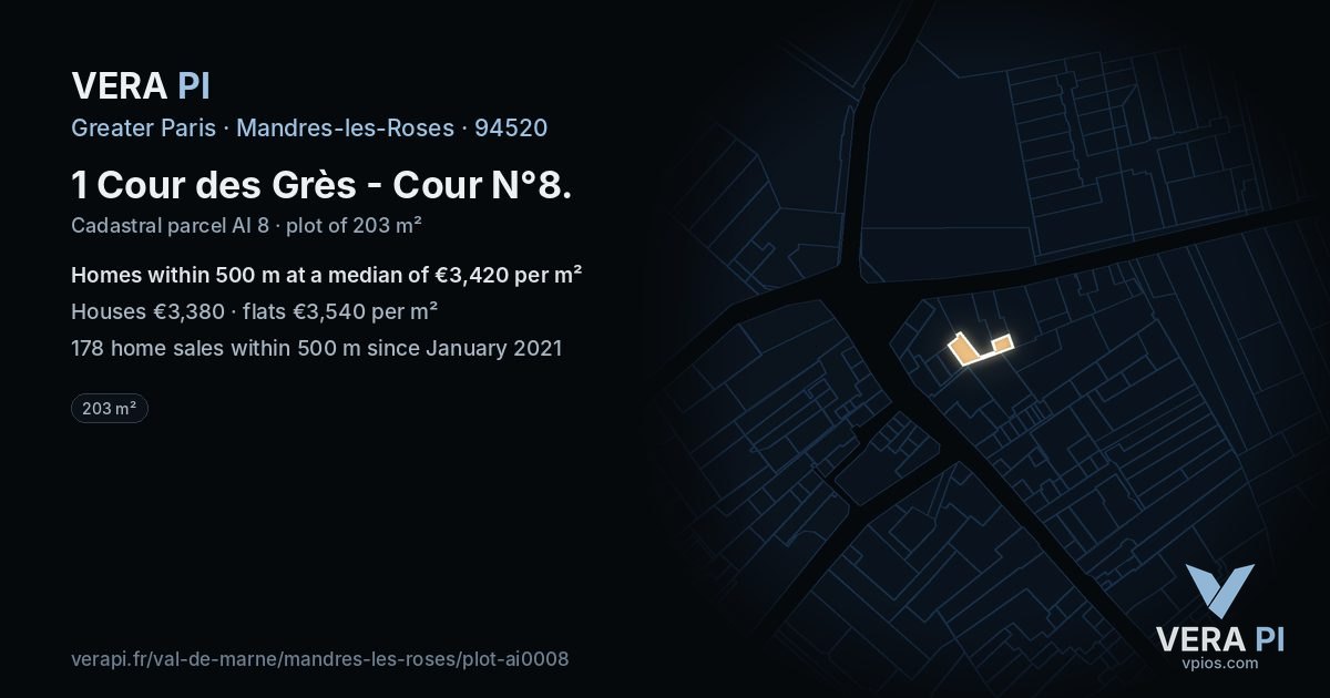 1 Cour des Grès - Cour N°8, Mandres-les-Roses at night – the plot lit, the parcels around coloured by the prices near them