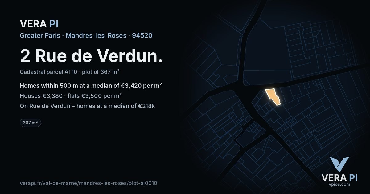 2 Rue de Verdun, Mandres-les-Roses at night – the plot lit, the parcels around coloured by the prices near them