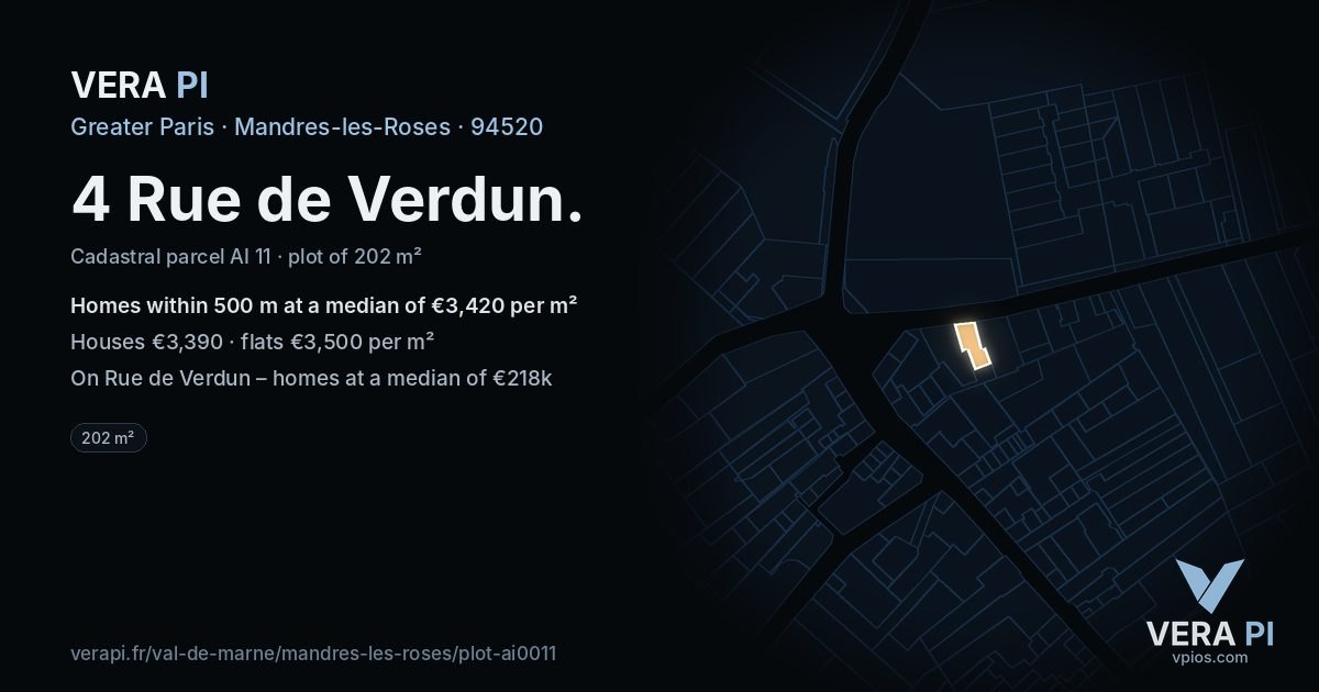4 Rue de Verdun, Mandres-les-Roses at night – the plot lit, the parcels around coloured by the prices near them