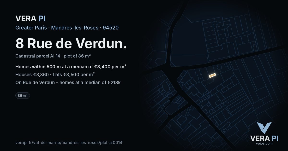 8 Rue de Verdun, Mandres-les-Roses at night – the plot lit, the parcels around coloured by the prices near them