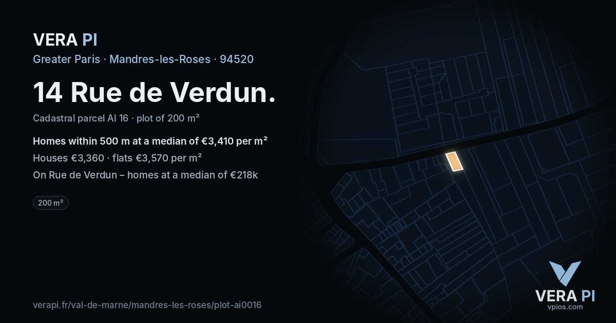 14 Rue de Verdun, Mandres-les-Roses at night – the plot lit, the parcels around coloured by the prices near them