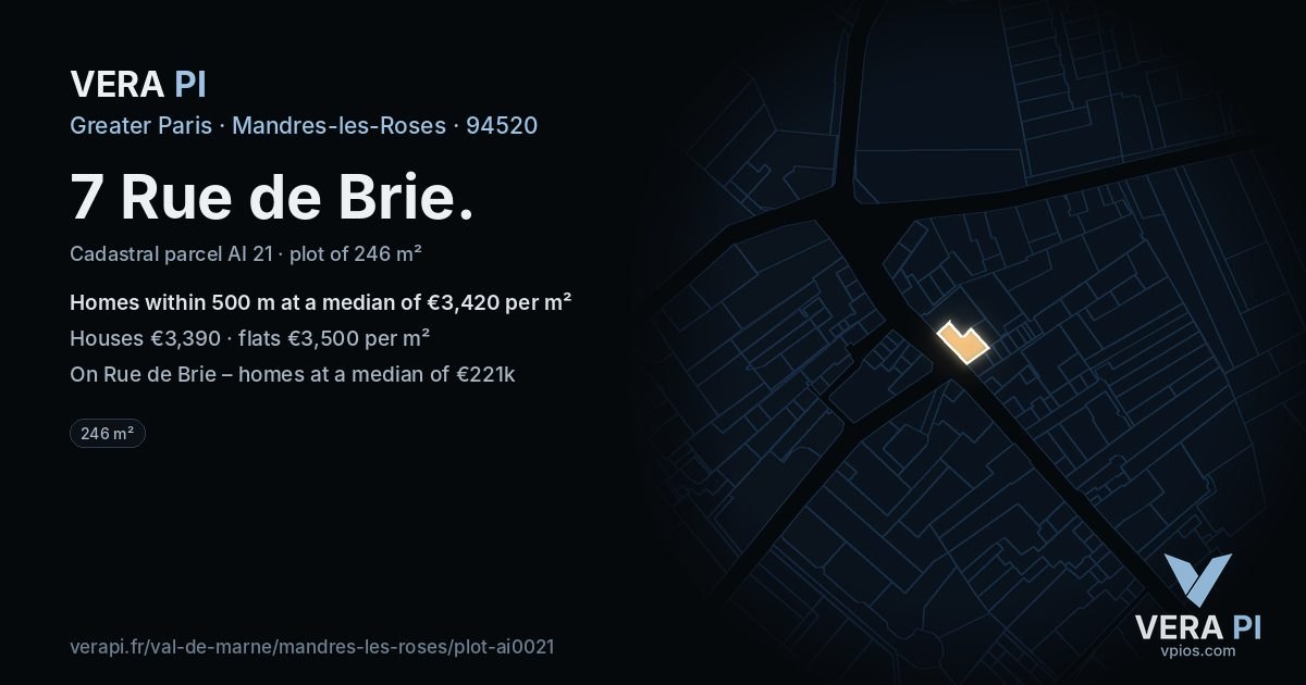 7 Rue de Brie, Mandres-les-Roses at night – the plot lit, the parcels around coloured by the prices near them