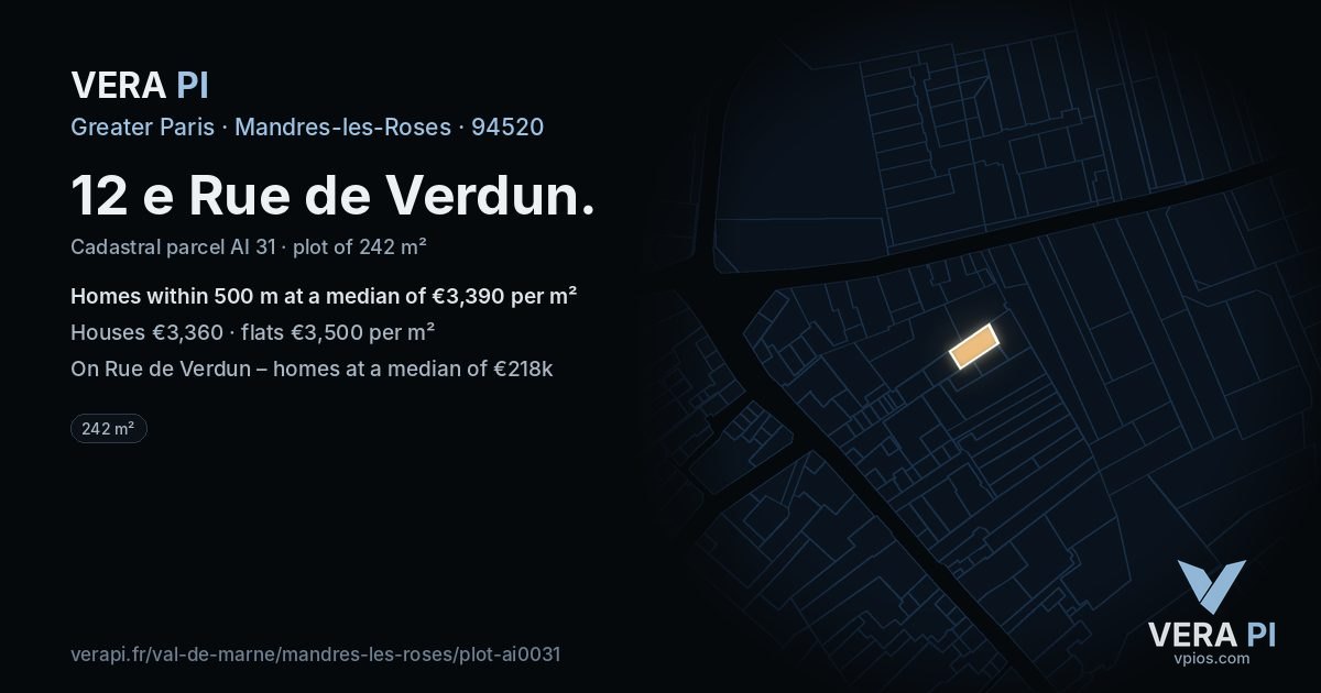 12 e Rue de Verdun, Mandres-les-Roses at night – the plot lit, the parcels around coloured by the prices near them