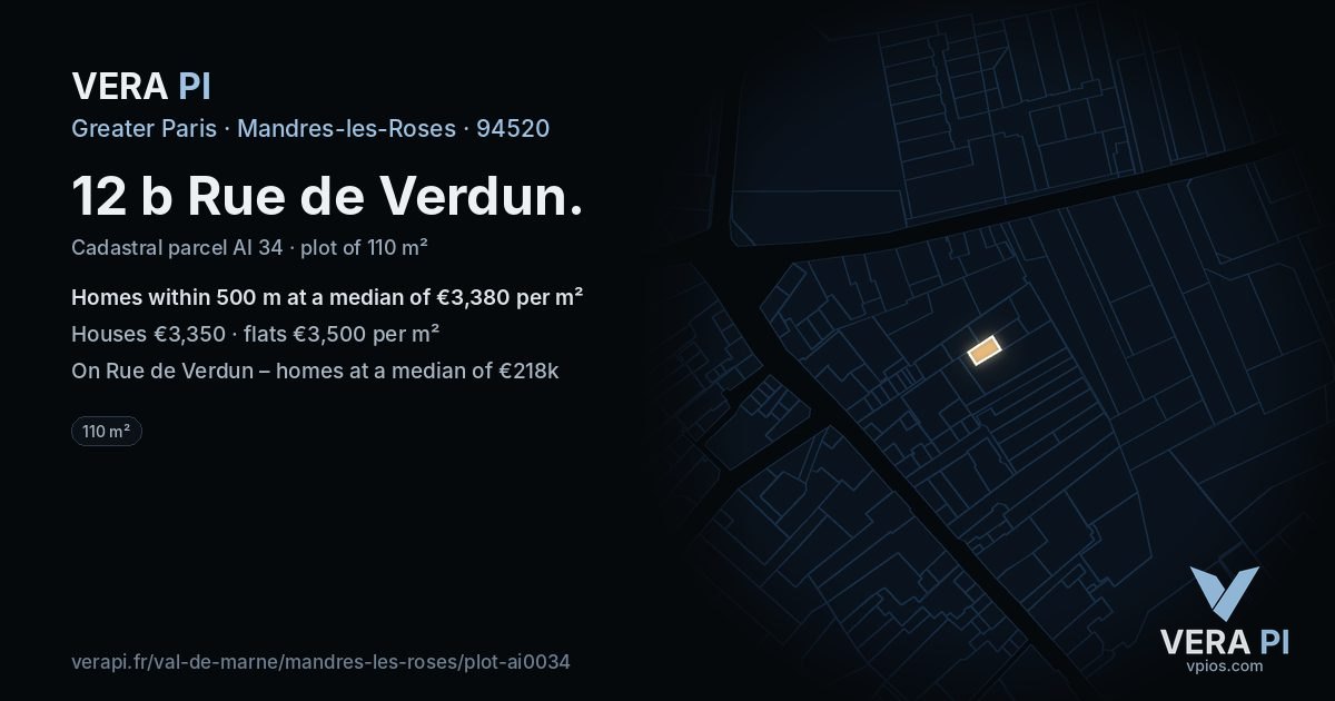 12 b Rue de Verdun, Mandres-les-Roses at night – the plot lit, the parcels around coloured by the prices near them