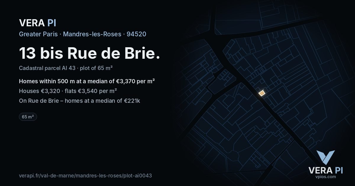 13 bis Rue de Brie, Mandres-les-Roses at night – the plot lit, the parcels around coloured by the prices near them