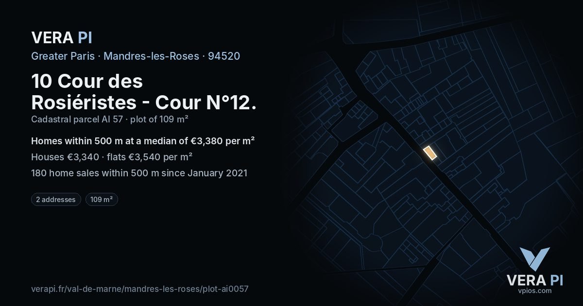 10 Cour des Rosiéristes - Cour N°12, Mandres-les-Roses at night – the plot lit, the parcels around coloured by the prices near them