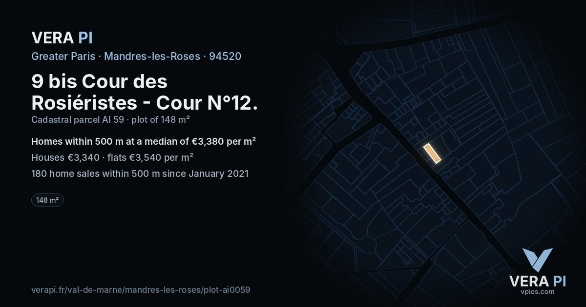 9 bis Cour des Rosiéristes - Cour N°12, Mandres-les-Roses at night – the plot lit, the parcels around coloured by the prices near them