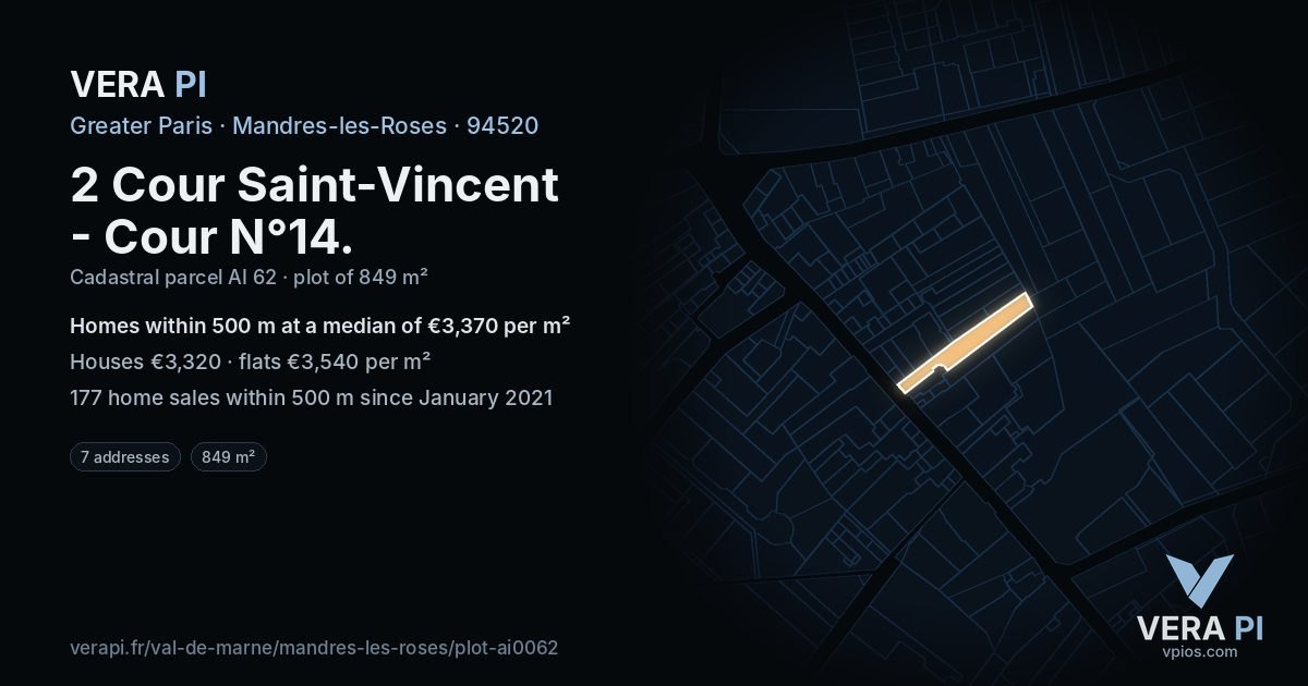 2 Cour Saint-Vincent - Cour N°14, Mandres-les-Roses at night – the plot lit, the parcels around coloured by the prices near them