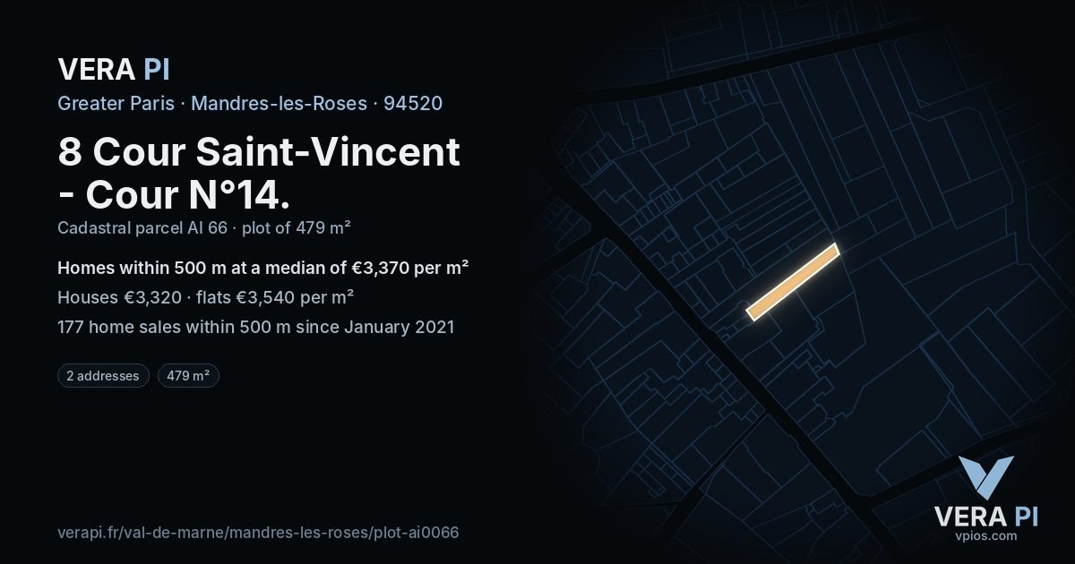 8 Cour Saint-Vincent - Cour N°14, Mandres-les-Roses at night – the plot lit, the parcels around coloured by the prices near them