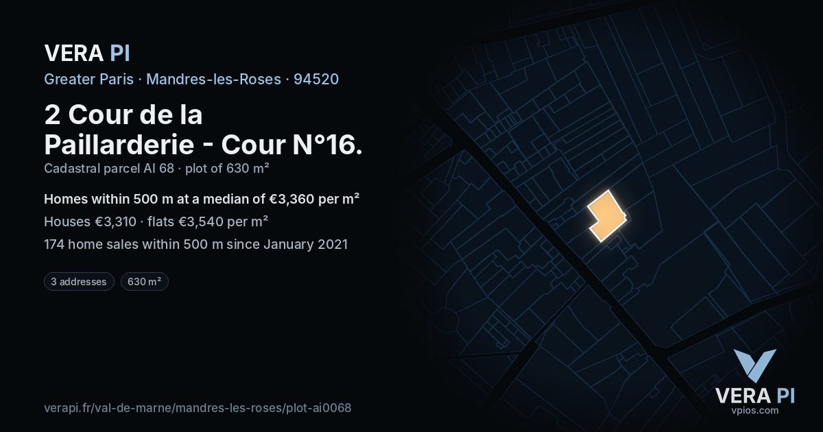 2 Cour de la Paillarderie - Cour N°16, Mandres-les-Roses at night – the plot lit, the parcels around coloured by the prices near them