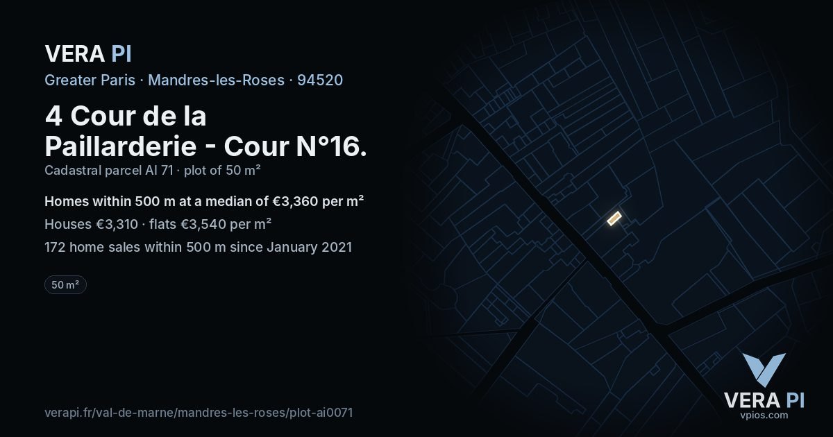 4 Cour de la Paillarderie - Cour N°16, Mandres-les-Roses at night – the plot lit, the parcels around coloured by the prices near them