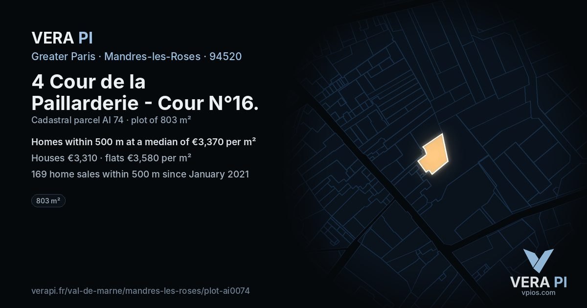 4 Cour de la Paillarderie - Cour N°16, Mandres-les-Roses at night – the plot lit, the parcels around coloured by the prices near them
