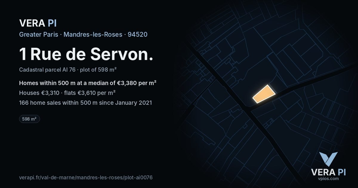 1 Rue de Servon, Mandres-les-Roses at night – the plot lit, the parcels around coloured by the prices near them