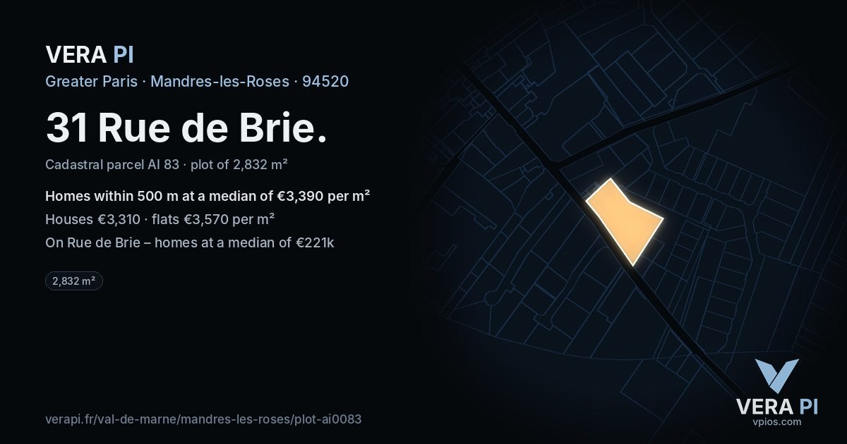 31 Rue de Brie, Mandres-les-Roses at night – the plot lit, the parcels around coloured by the prices near them