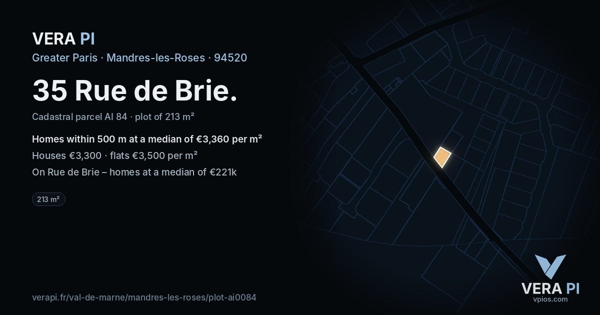 35 Rue de Brie, Mandres-les-Roses at night – the plot lit, the parcels around coloured by the prices near them
