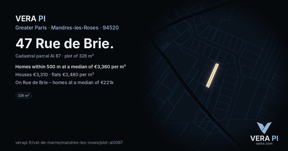 47 Rue de Brie, Mandres-les-Roses at night – the plot lit, the parcels around coloured by the prices near them