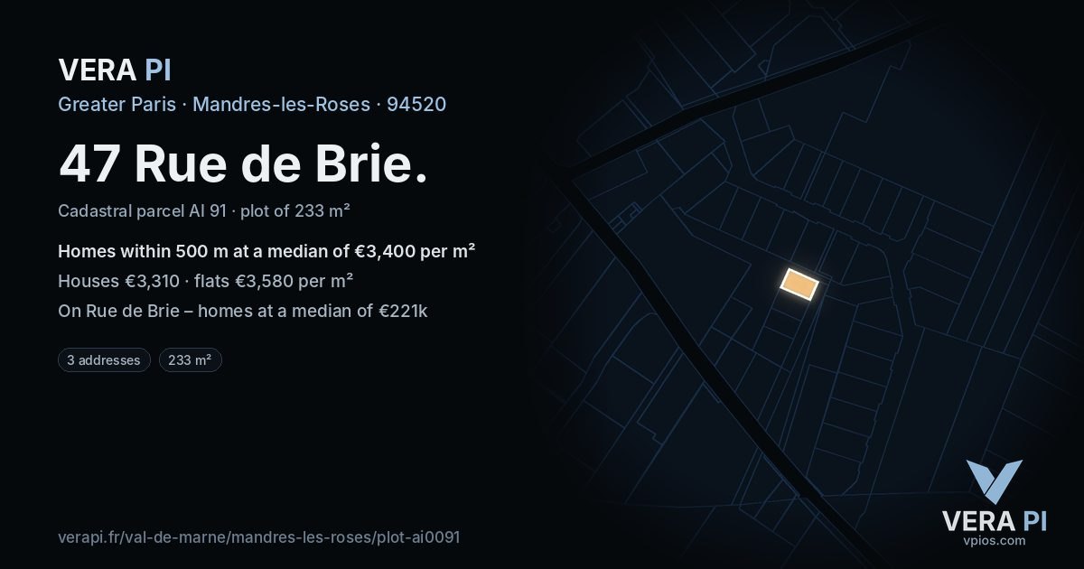 47 Rue de Brie, Mandres-les-Roses at night – the plot lit, the parcels around coloured by the prices near them