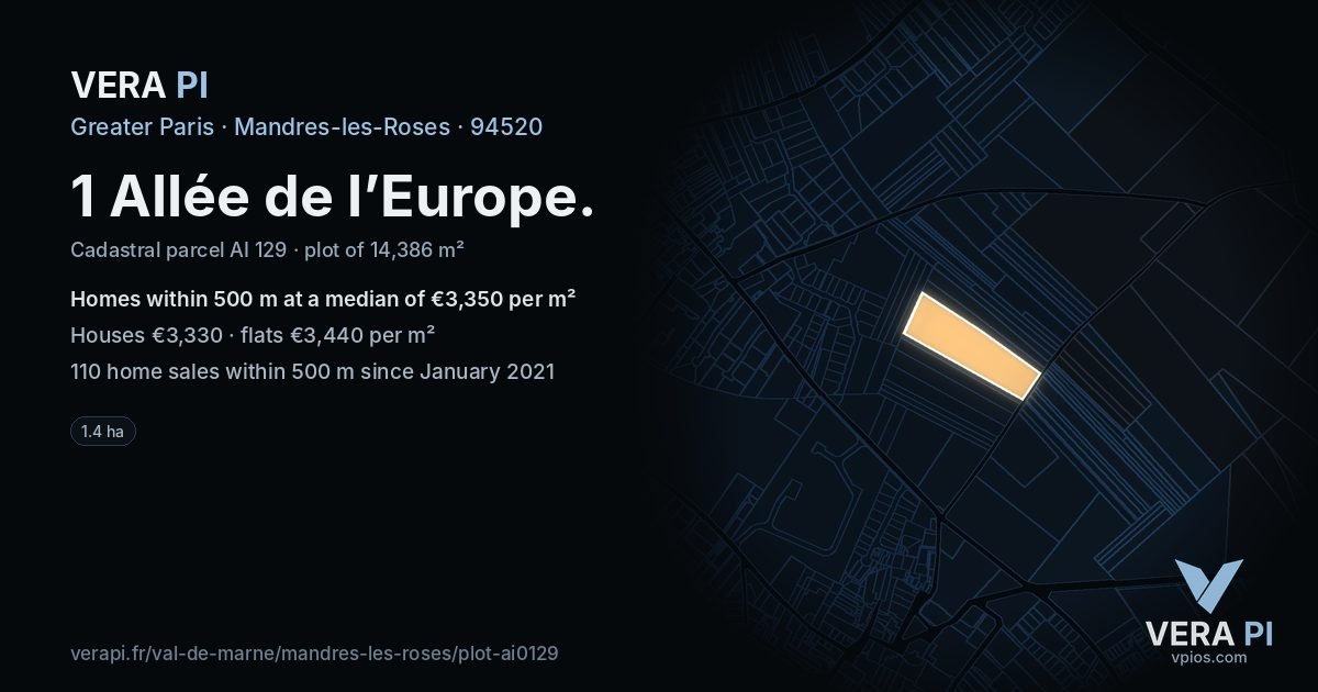 1 Allée de l’Europe, Mandres-les-Roses at night – the plot lit, the parcels around coloured by the prices near them
