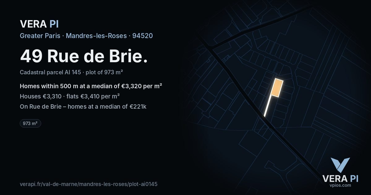 49 Rue de Brie, Mandres-les-Roses at night – the plot lit, the parcels around coloured by the prices near them