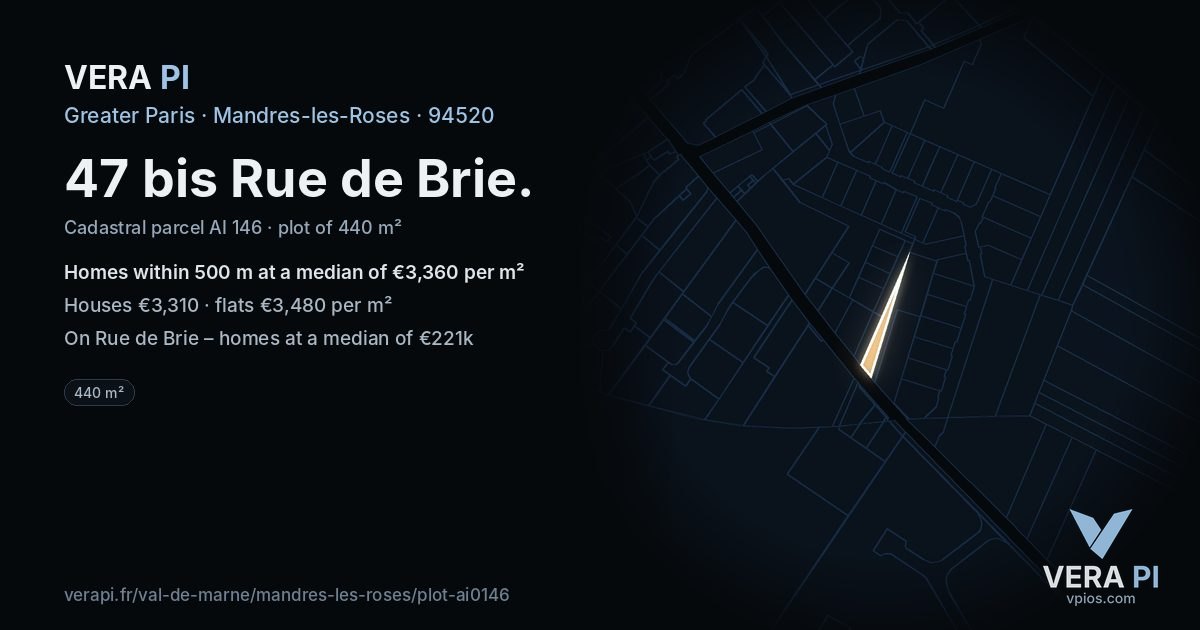 47 bis Rue de Brie, Mandres-les-Roses at night – the plot lit, the parcels around coloured by the prices near them