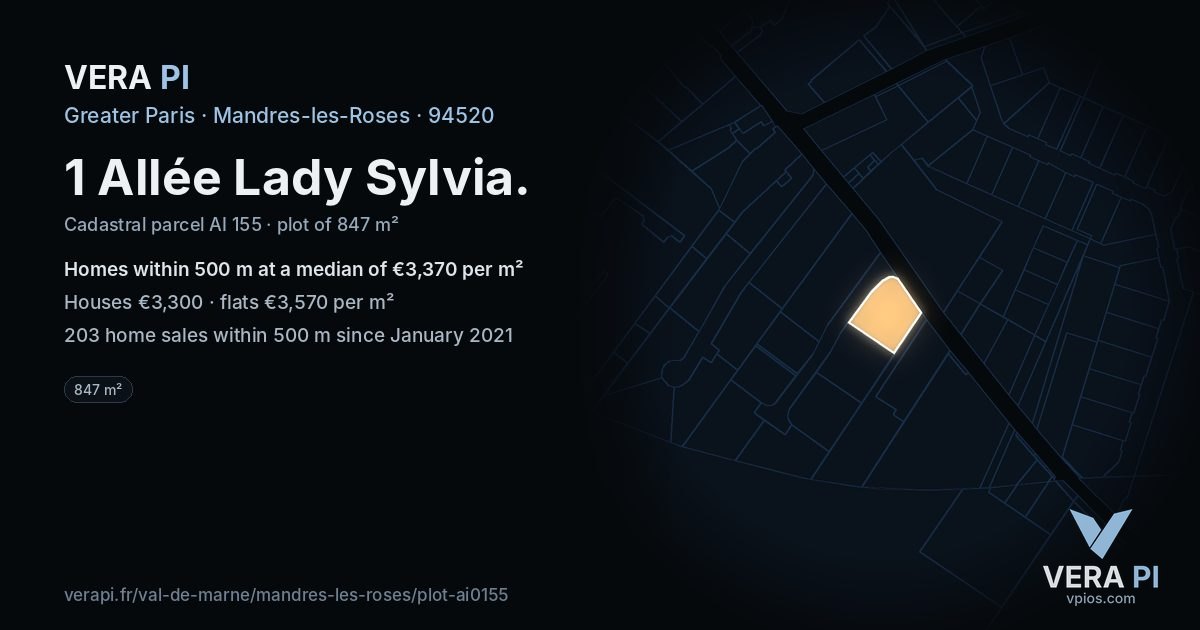 1 Allée Lady Sylvia, Mandres-les-Roses at night – the plot lit, the parcels around coloured by the prices near them