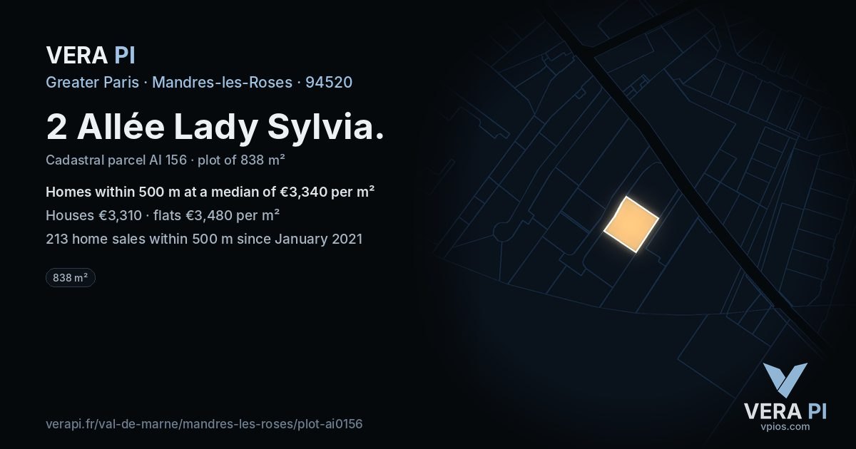2 Allée Lady Sylvia, Mandres-les-Roses at night – the plot lit, the parcels around coloured by the prices near them
