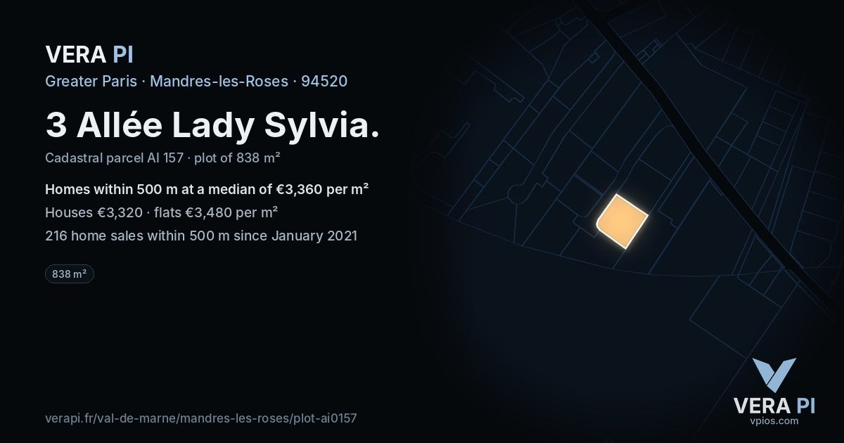 3 Allée Lady Sylvia, Mandres-les-Roses at night – the plot lit, the parcels around coloured by the prices near them