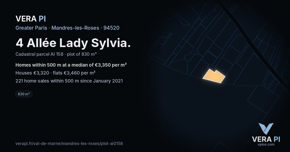 4 Allée Lady Sylvia, Mandres-les-Roses at night – the plot lit, the parcels around coloured by the prices near them