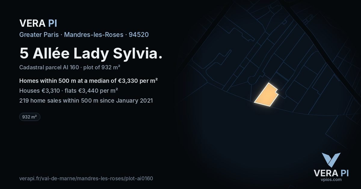 5 Allée Lady Sylvia, Mandres-les-Roses at night – the plot lit, the parcels around coloured by the prices near them