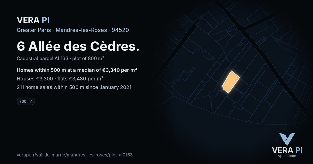 6 Allée des Cèdres, Mandres-les-Roses at night – the plot lit, the parcels around coloured by the prices near them
