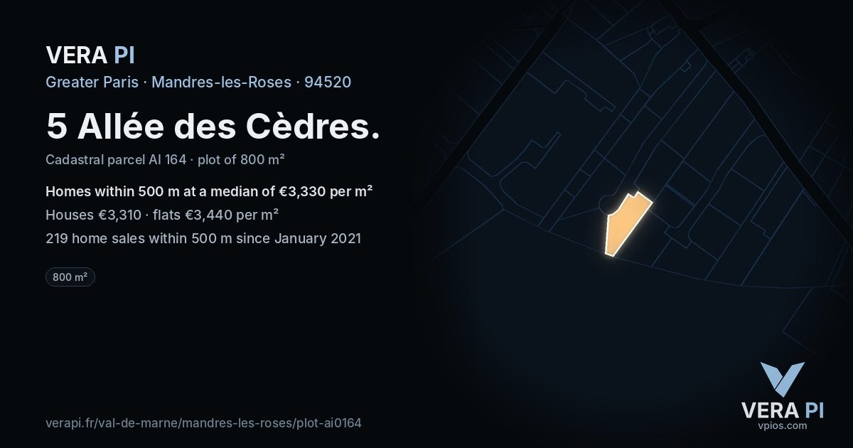 5 Allée des Cèdres, Mandres-les-Roses at night – the plot lit, the parcels around coloured by the prices near them