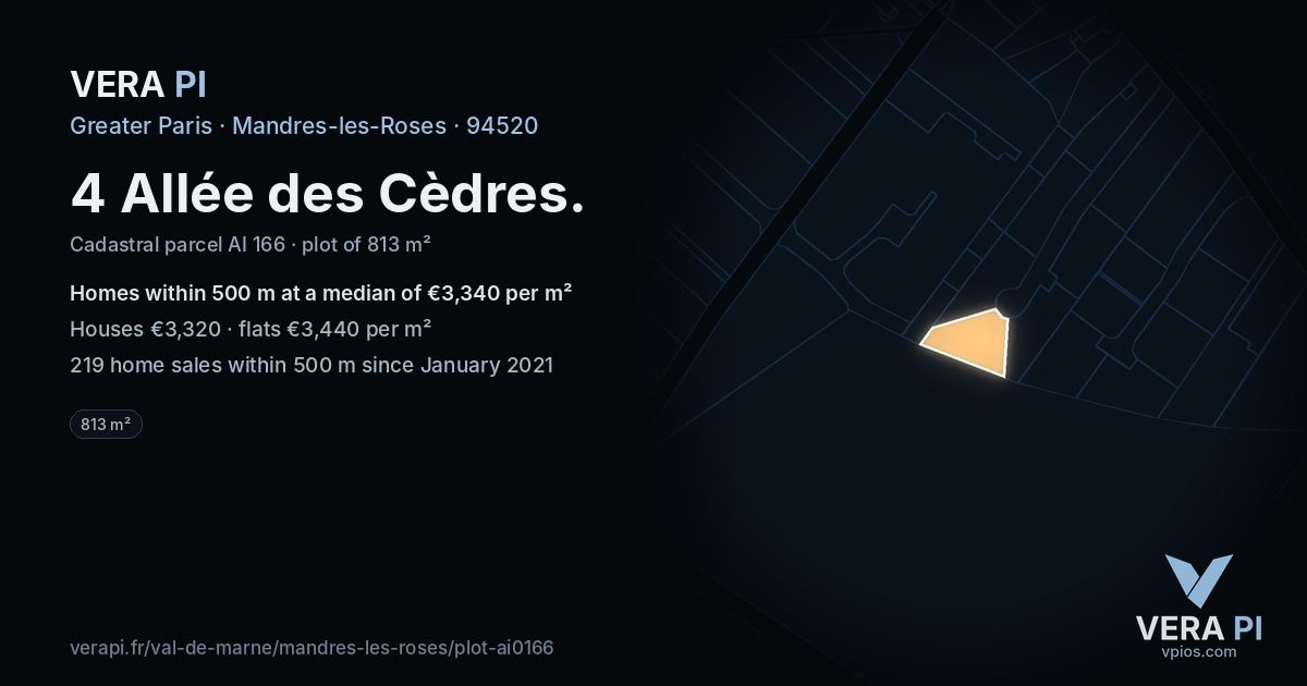 4 Allée des Cèdres, Mandres-les-Roses at night – the plot lit, the parcels around coloured by the prices near them