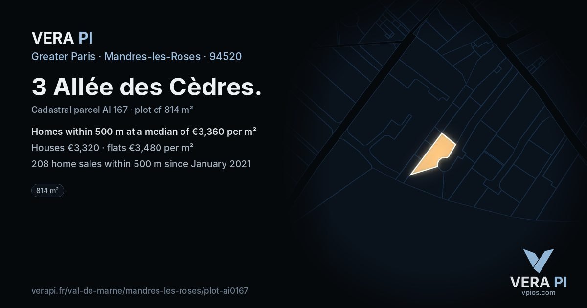3 Allée des Cèdres, Mandres-les-Roses at night – the plot lit, the parcels around coloured by the prices near them