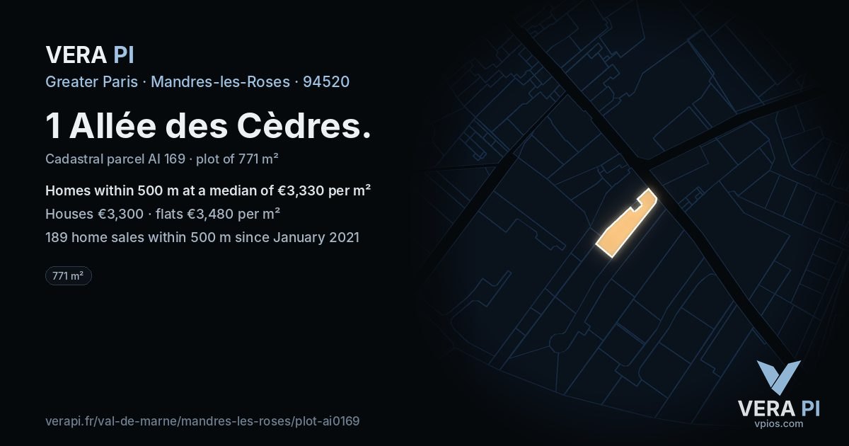 1 Allée des Cèdres, Mandres-les-Roses at night – the plot lit, the parcels around coloured by the prices near them
