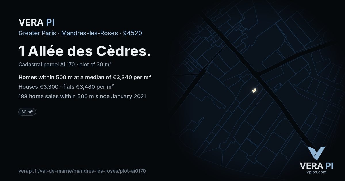 1 Allée des Cèdres, Mandres-les-Roses at night – the plot lit, the parcels around coloured by the prices near them