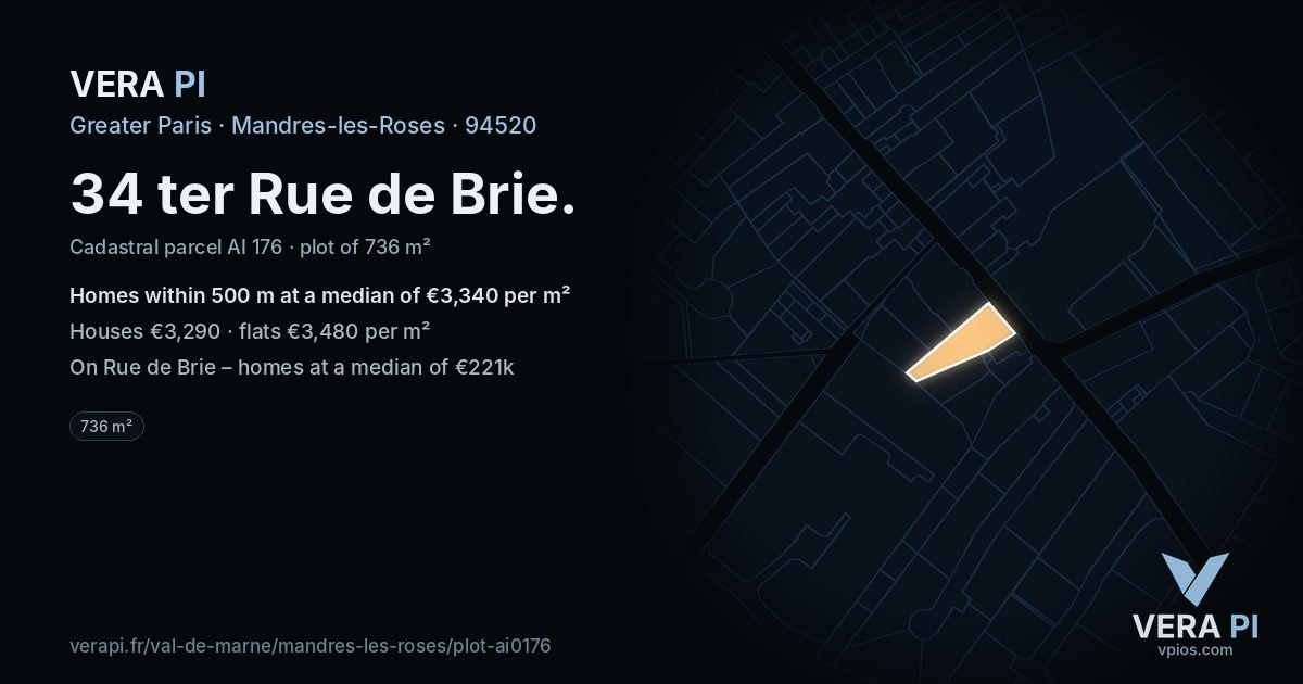 34 ter Rue de Brie, Mandres-les-Roses at night – the plot lit, the parcels around coloured by the prices near them