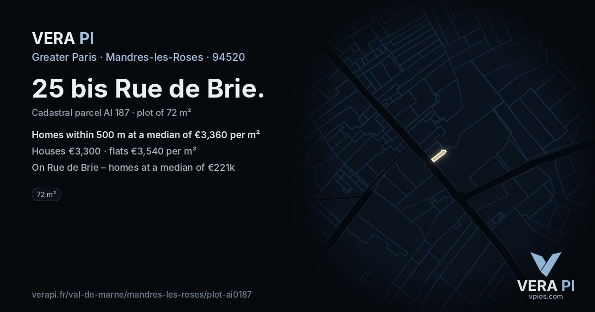 25 bis Rue de Brie, Mandres-les-Roses at night – the plot lit, the parcels around coloured by the prices near them