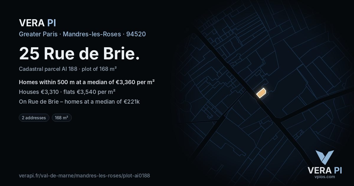 25 Rue de Brie, Mandres-les-Roses at night – the plot lit, the parcels around coloured by the prices near them