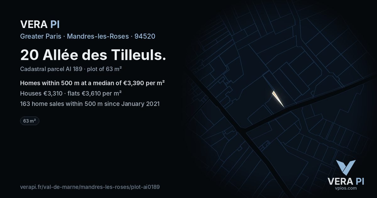 20 Allée des Tilleuls, Mandres-les-Roses at night – the plot lit, the parcels around coloured by the prices near them