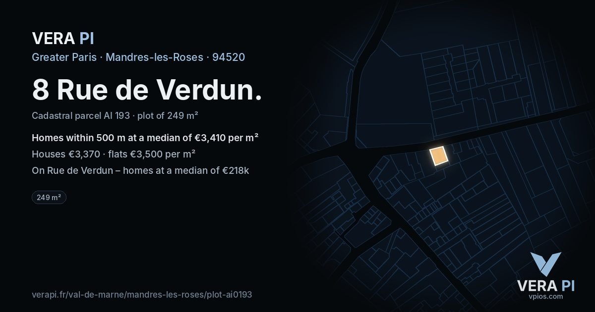 8 Rue de Verdun, Mandres-les-Roses at night – the plot lit, the parcels around coloured by the prices near them